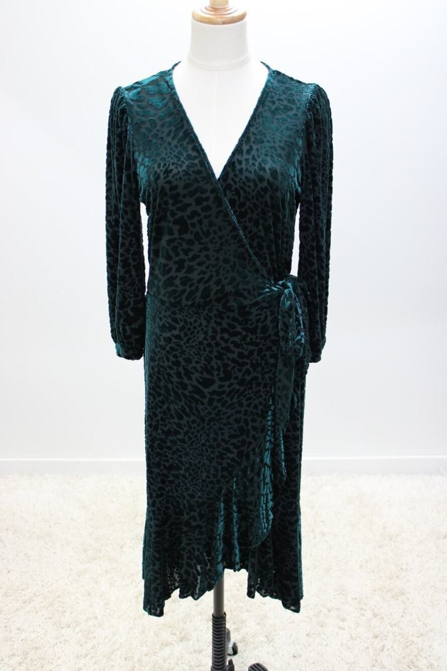 Calvin Klein Faux Wrap midi Dress Green Burnout Velvet Size 10 Mob Wife Whimsygo